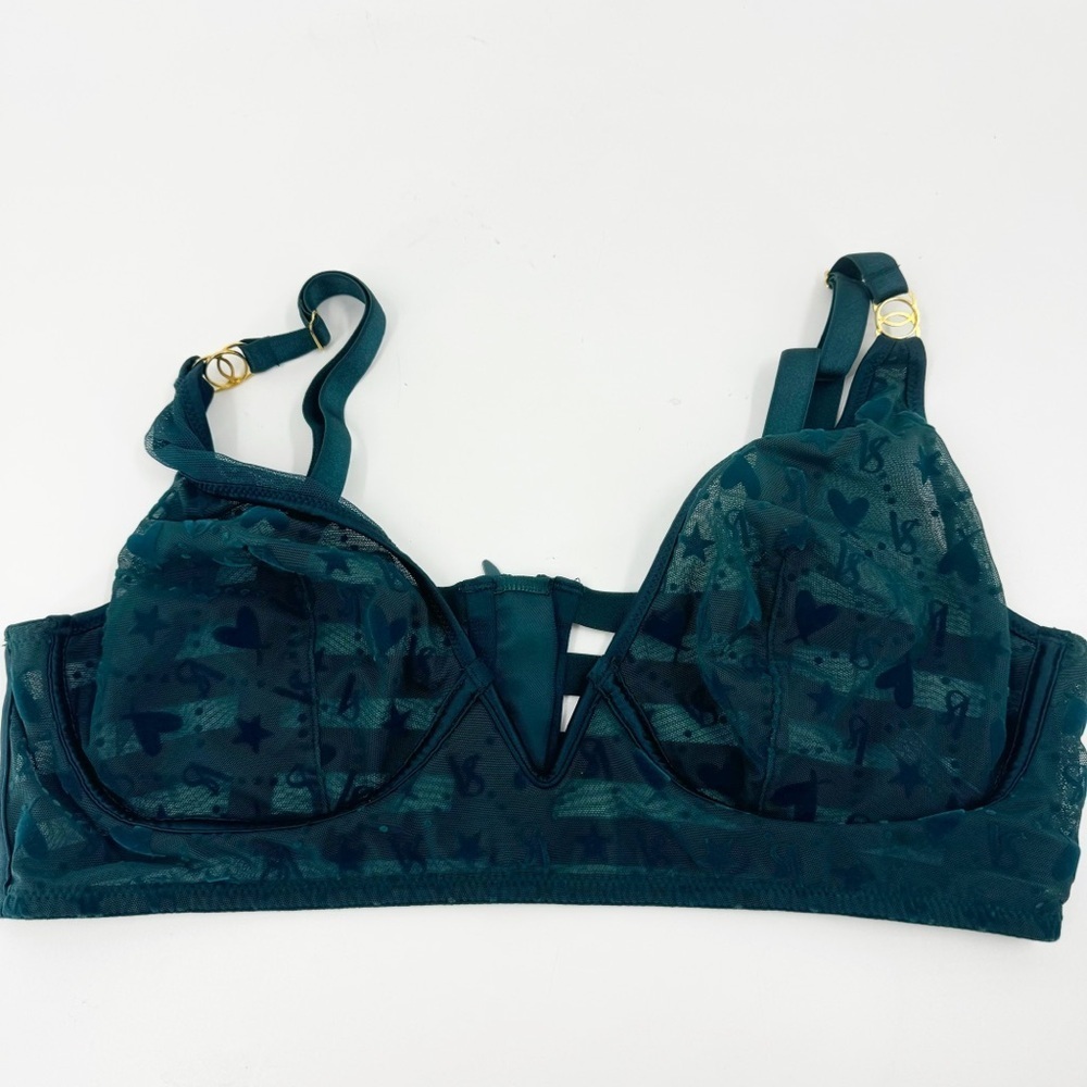 ✅ VICTORIA'S SECRET BRALETTE IN GREEN SIZE X-LARGE SHEER LOGO/STAR STRAPPY BACK